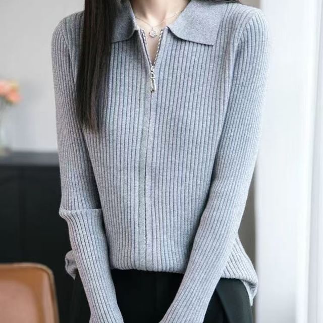 Jeonseon-Long-Sleeve Collar Ribbed Zip Knit Top