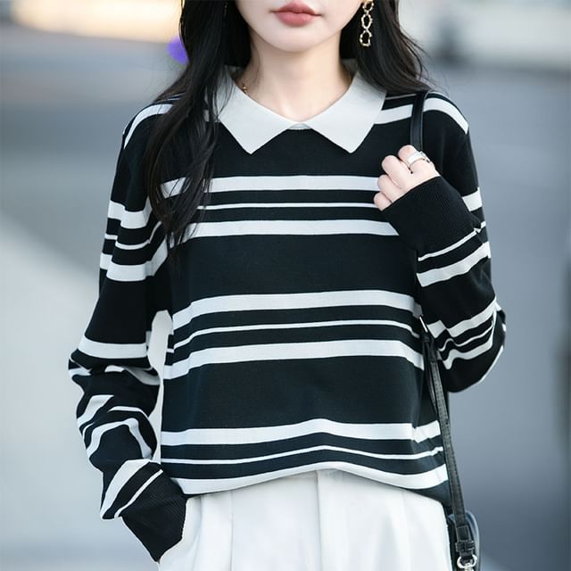 Jeonseon-Long-Sleeve Collar Striped Knit Top