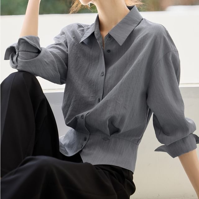 Jeonseon-Long-Sleeve Collared Button-Up Blouse