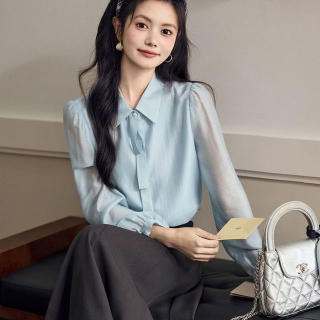 Jeonseon-Long-Sleeve Collared Button-Up Plain Blouse