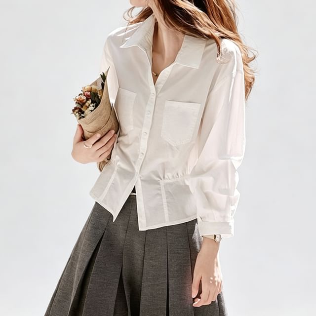 Jeonseon-Long-Sleeve Collared Button-Up Plain Blouse