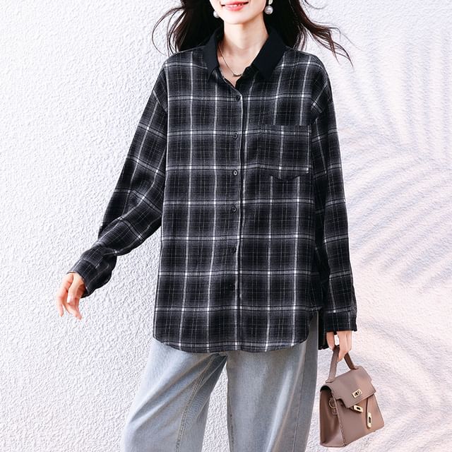 Jeonseon-Long Sleeve Collared Plaid Shirt