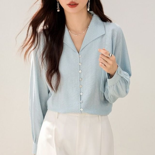 Jeonseon-Long Sleeve Collared Striped Blouse