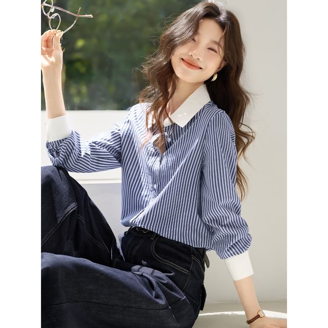 Jeonseon-Long-Sleeve Collared Striped Button Up Shirt