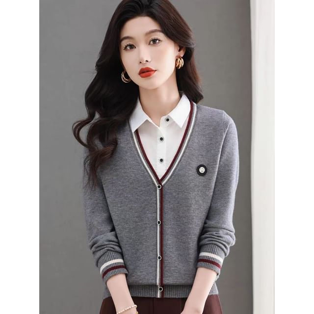 Jeonseon-Long Sleeve Collared Striped Mock Two Piece Button Knit Top