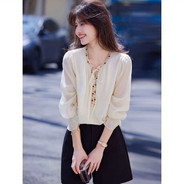 Jeonseon-Long-Sleeve Contrast Trim Tunic