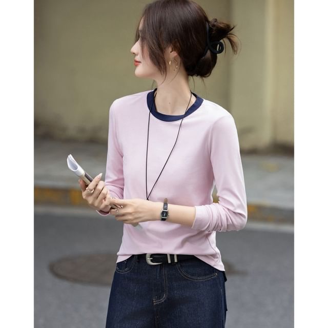 Jeonseon-Long-Sleeve Crew Neck Contrast Trim Tee