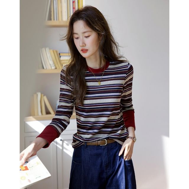 Jeonseon-Long-Sleeve Crew Neck Striped Knit Tee