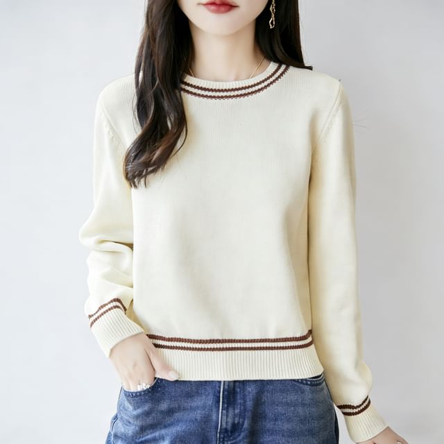 Jeonseon-Long-Sleeve Crew Neck Striped Sweater
