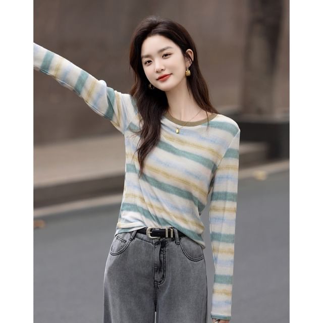 Jeonseon-Long-Sleeve Crew Neck Striped Tee