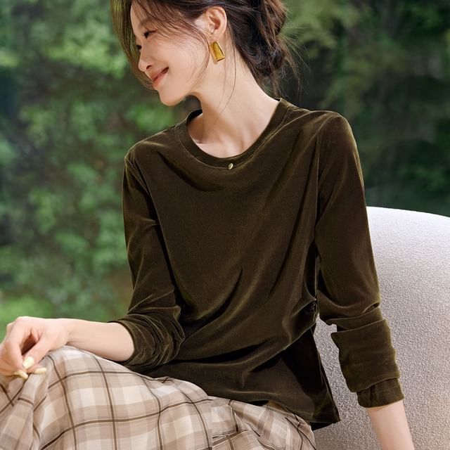 Jeonseon-Long-Sleeve Crewneck Mesh Plain Tee