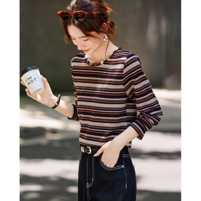Jeonseon-Long-Sleeve Crewneck Striped Tee