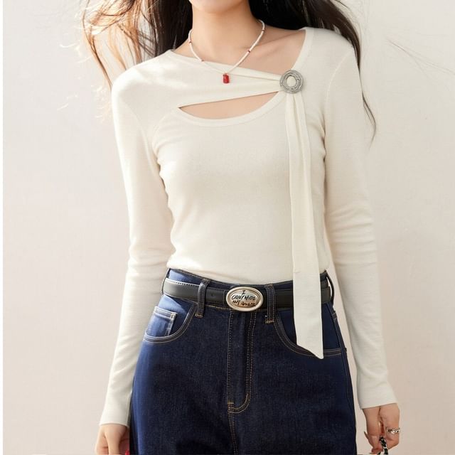 Jeonseon-Long-Sleeve Cutout Plain Knit Top
