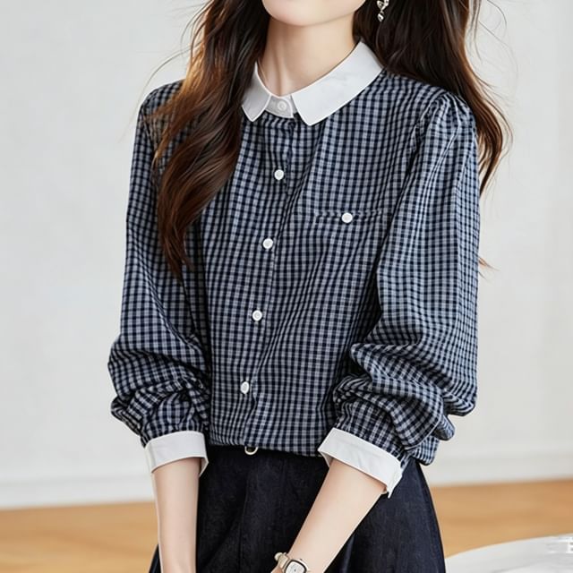 Jeonseon-Long-Sleeve Gingham Plaid Shirt