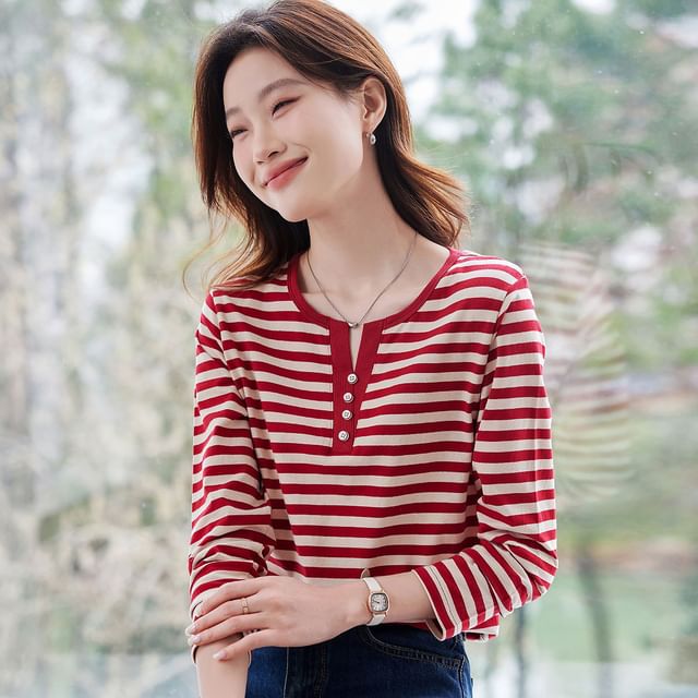 Jeonseon-Long-Sleeve Henley Striped Tee