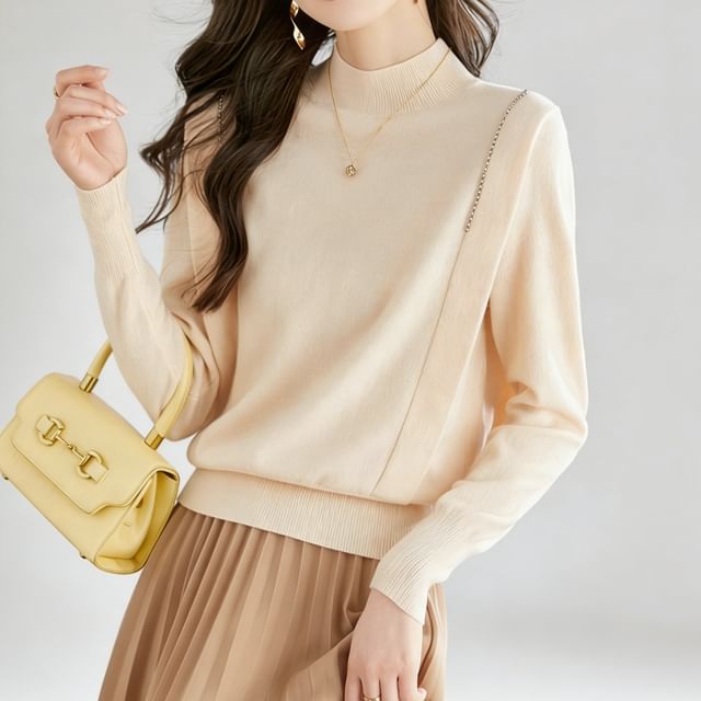Jeonseon-Long-Sleeve High Neck Plain Sweater