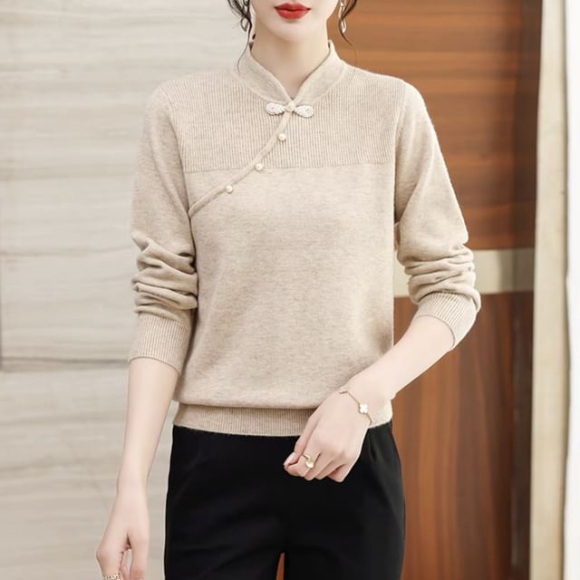 Jeonseon-Long-Sleeve Mandarin Collar Plain Frog Button Ribbed Knit Top
