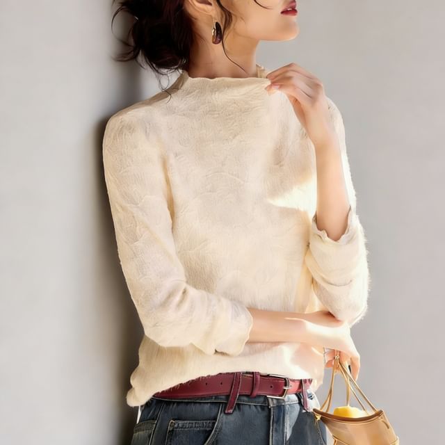 Jeonseon-Long-Sleeve Mock Neck Lace Top