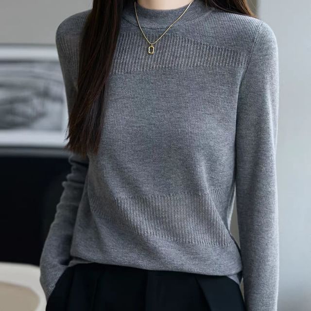Jeonseon-Long-Sleeve Mock Neck Plain Knit Top