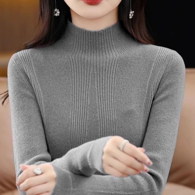 Jeonseon-Long-Sleeve Mock Neck Plain Knit Top