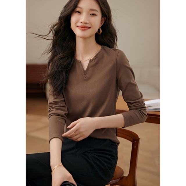 Jeonseon-Long-Sleeve Notch Neck Plain Tee