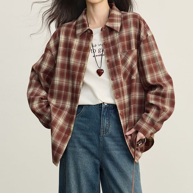 Jeonseon-Long-Sleeve Plaid Button-Up Shirt