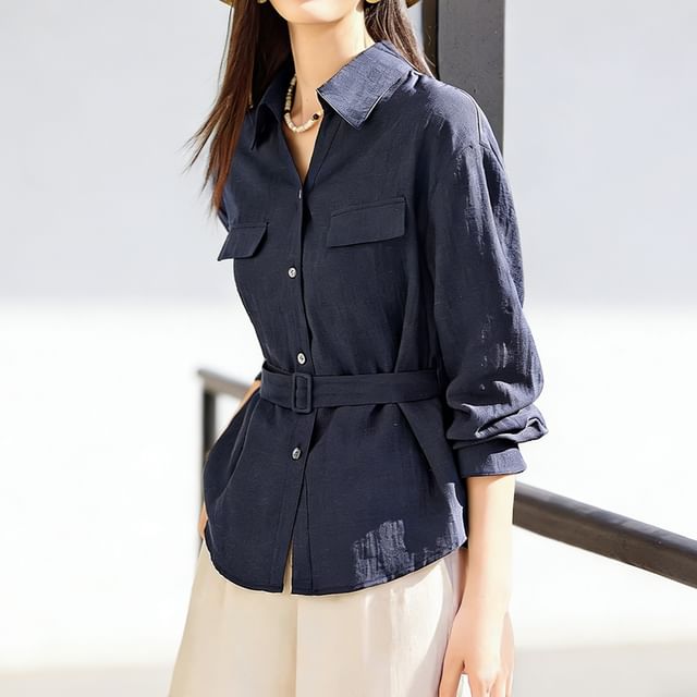 Jeonseon-Long-Sleeve Plain Button-Up Belted Shirt