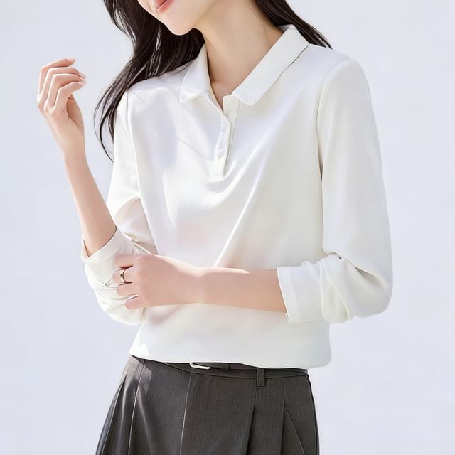 Jeonseon-Long-Sleeve Plain Polo Shirt