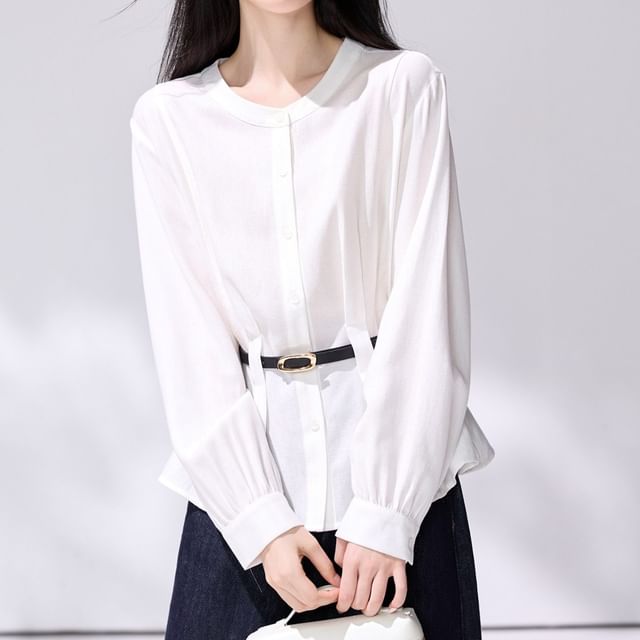 Jeonseon-Long Sleeve Round Neck Plain Blouse