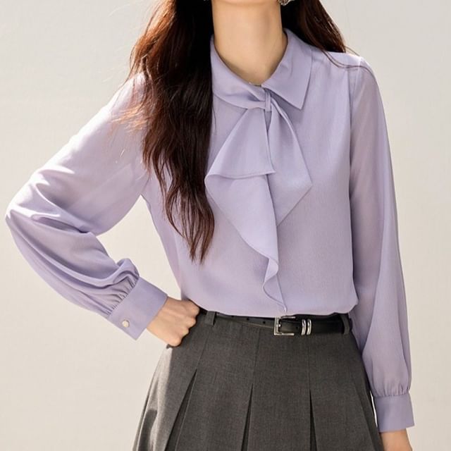 Jeonseon-Long Sleeve Sash Collar Plain Blouse