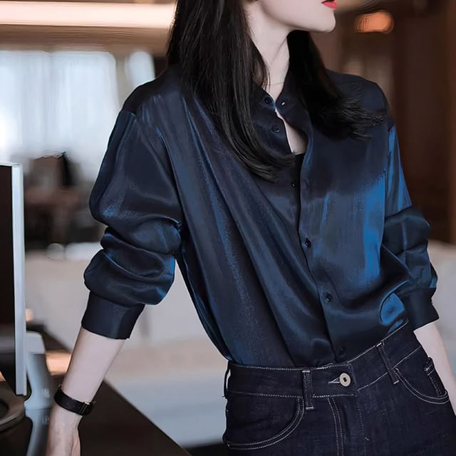 Jeonseon-Long-Sleeve Satin Plain Shirt