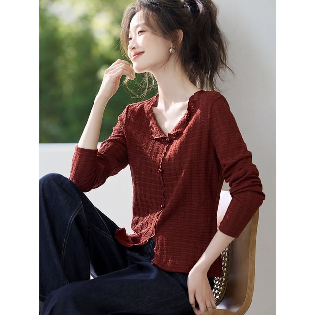 Jeonseon-Long-Sleeve Split Neck Plain Lettuce Edge Slit Top