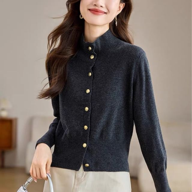 Jeonseon-Long-Sleeve Stand Collar Button-Up Plain Knit Top