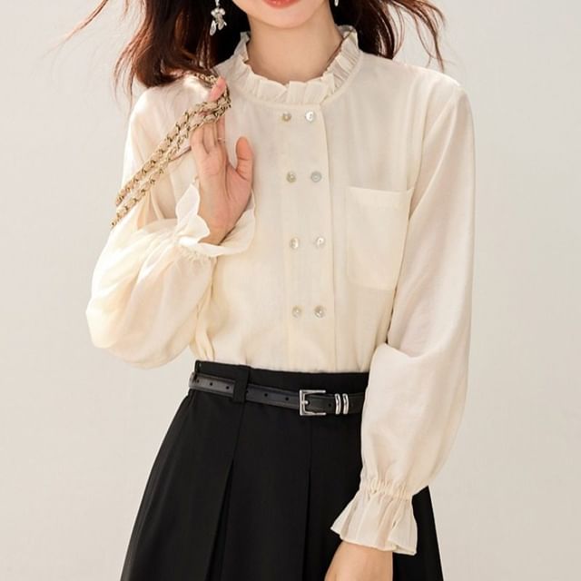 Jeonseon-Long Sleeve Stand Collar Plain Ruffle Double Breasted Blouse