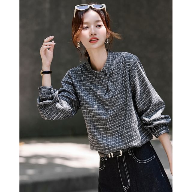 Jeonseon-Long-Sleeve Stand Collard Plaid Blouse