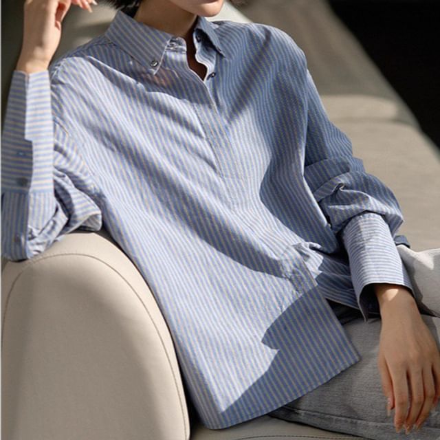 Jeonseon-Long-Sleeve Striped Button-Up Shirt