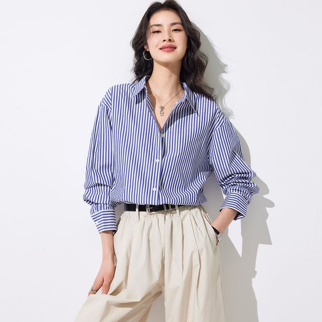 Jeonseon-Long-Sleeve Striped Button-Up Shirt
