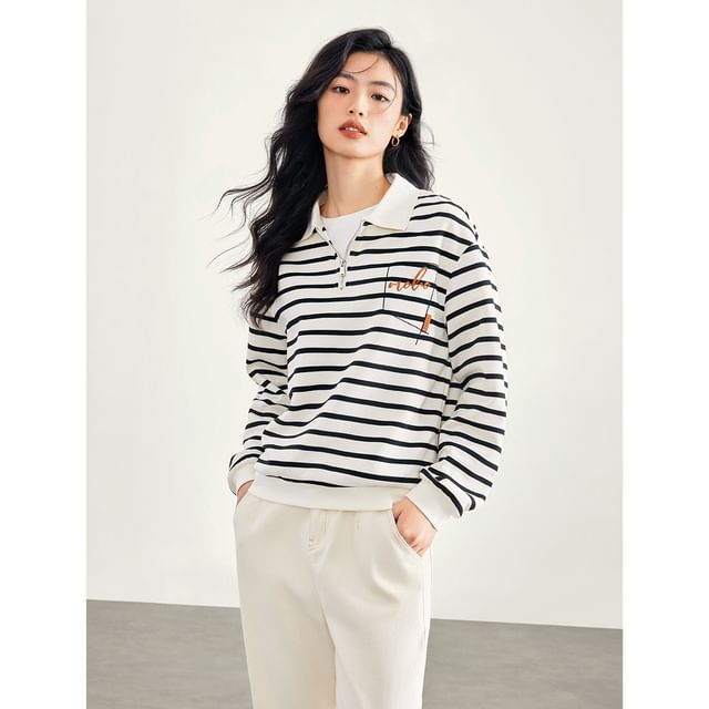Jeonseon-Long-Sleeve Striped Polo Top