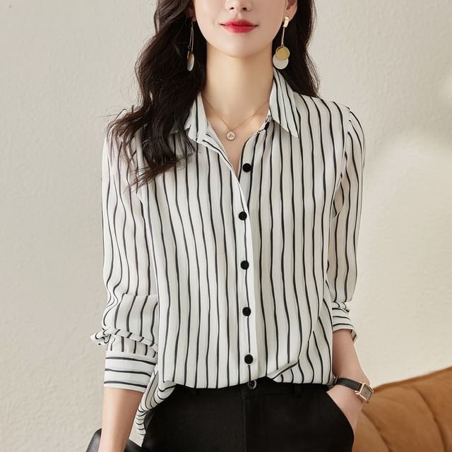 Jeonseon-Long-Sleeve Striped Shirt