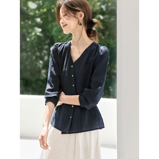Jeonseon-Long-Sleeve V-Neck Button-Up Plain Blouse