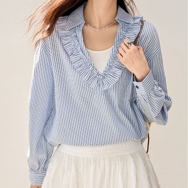 Jeonseon-Long Sleeve V-Neck Collared Striped Ruffle Drawstring Blouse