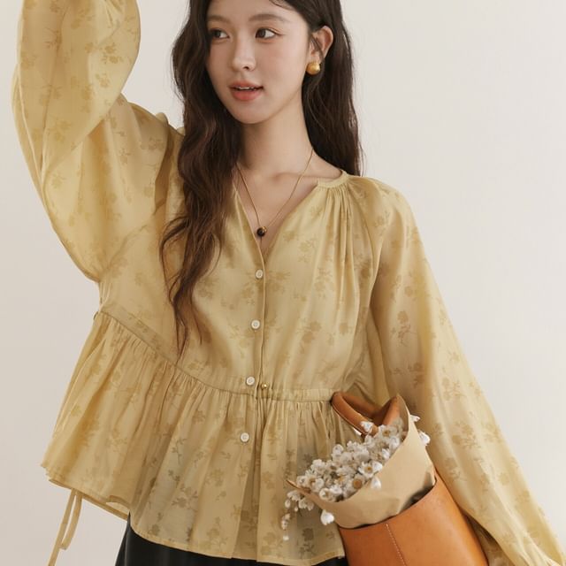 Jeonseon-Long-Sleeve V-Neck Crop Flowy Top