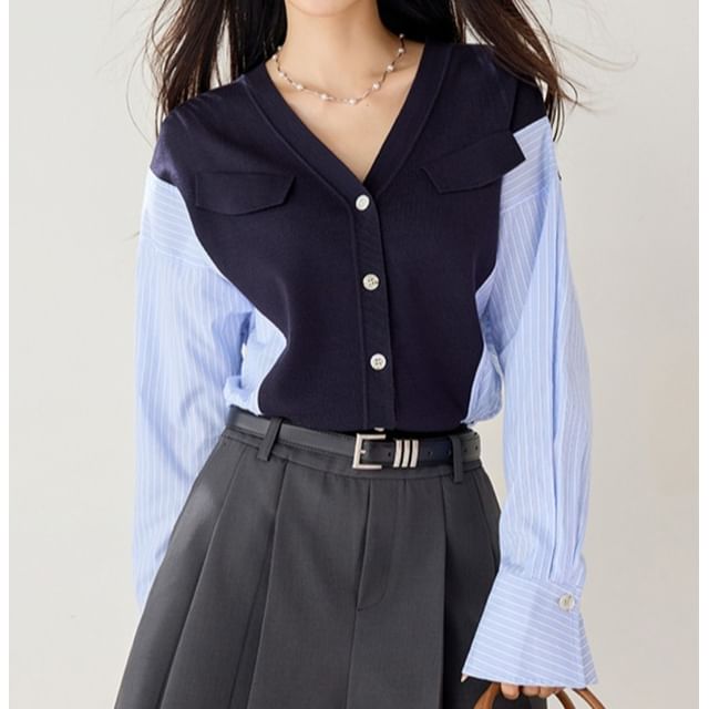 Jeonseon-Long Sleeve V-Neck Striped Button Panel Knit Top