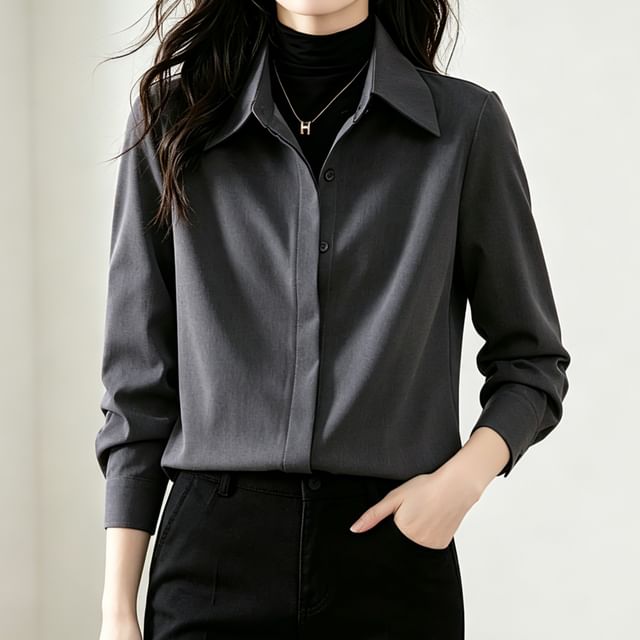 Jeonseon-M Long-Sleeve Button-Up Plain Shirt