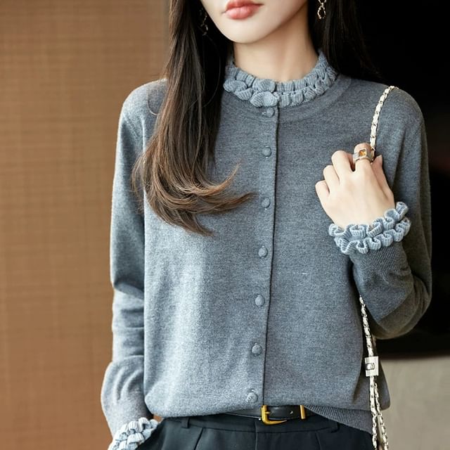 Jeonseon-Mock Neck Contrast Ruffle Trim Cardigan
