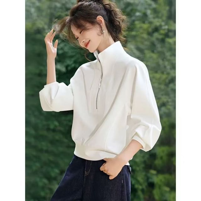 Jeonseon-Mock Neck Half Zip Plain Pullover