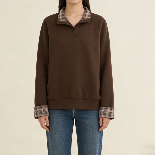 Jeonseon-Mock Neck Plaid Panel Henley Sweatshirt