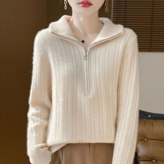 Jeonseon-Mock Neck Plain Cable Knit Sweater