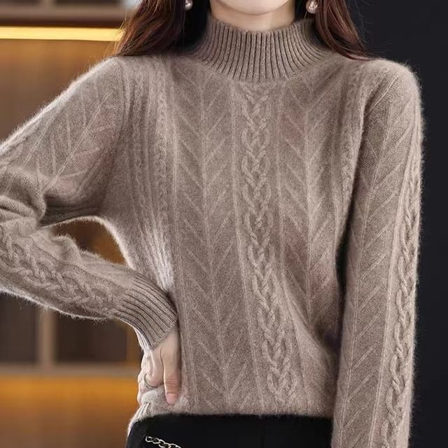 Jeonseon-Mock Neck Plain Cable Knit Sweater