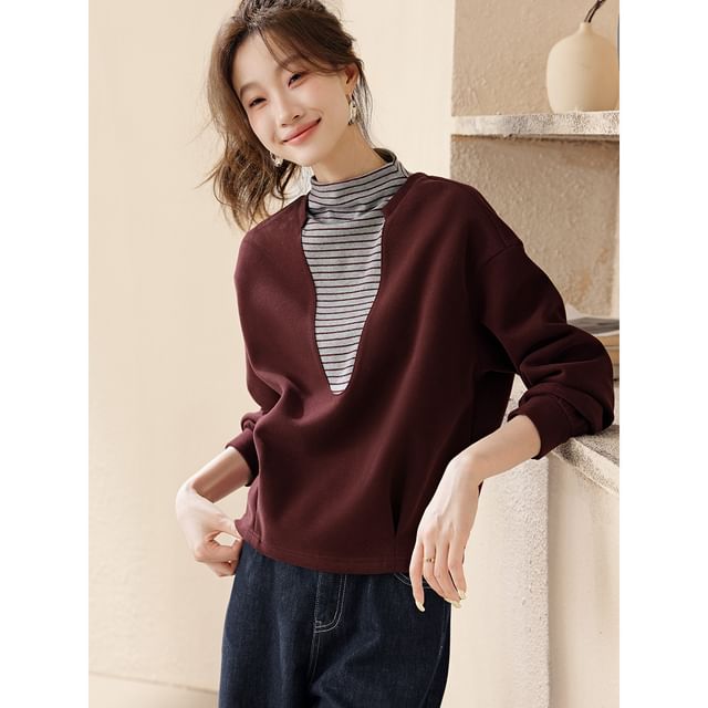 Jeonseon-Mock Neck Striped Panel Mock Two Piece Pullover